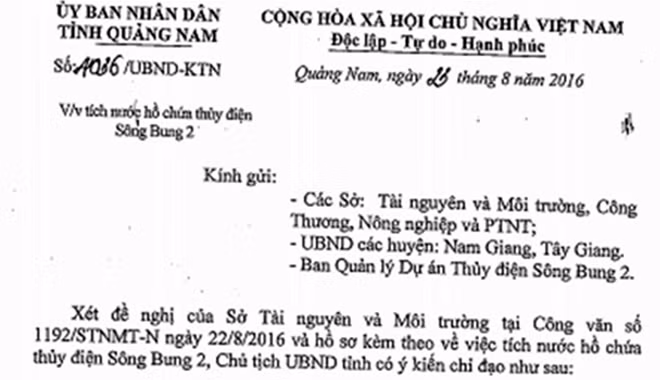Công văn số 4036/UBND-KTN của UBND tỉnh Quảng Nam yêu cầu chủ đầu tư dự án TĐSB2 phải hoàn thành các quy định trước khi tiến hành tích nước hồ chứa.