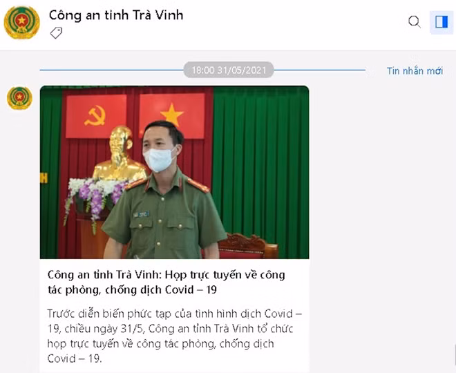 Giao diện trang Zalo Công an tỉnh Trà Vinh.