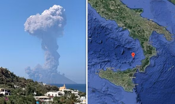 Núi lửa Stromboli phun trào hôm 3-7. Ảnh: Daily Express. Núi lửa Stromboli phun trào hôm 3-7. Ảnh: Daily Express.