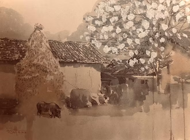 "Tháng Giêng" - tranh màu nước trên giấy Dó của Vũ Thái Bình