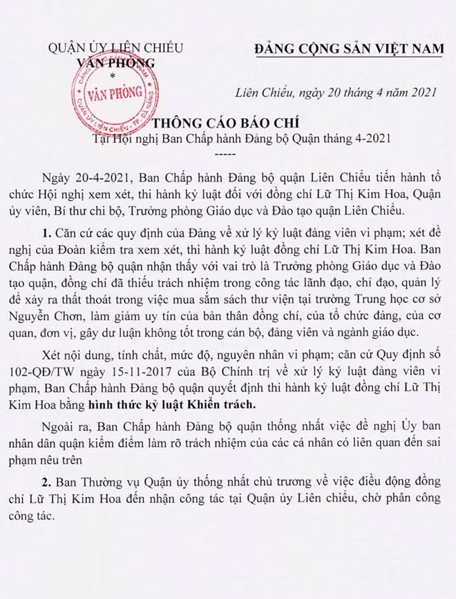 Quyết định kỷ luật đối với Trưởng phòng GD&ĐT Lữ Thị Kim Hoa.