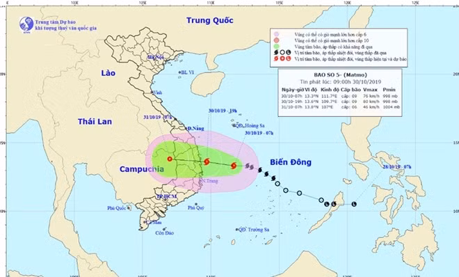 Hướng di chuyển của bão số 5. Ảnh: Trung tâm DBKTTV Quốc gia
