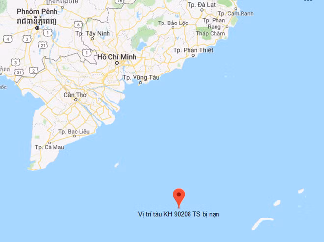 Vị trí phát hiện tàu cá KH-90208 TS bị chìm đắm trên vùng biển phía Nam