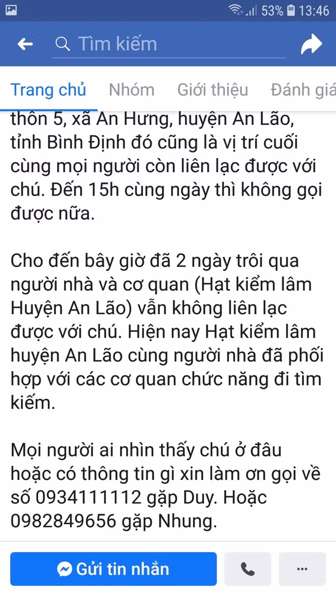 Người thân chia sẻ thông tin trên facebook để tìm kiếm ông Nguyễn Vĩnh Bảo