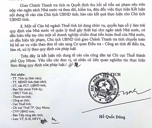 Sau cuộc thanh tra, Chủ tịch UBND tỉnh Bình Định chỉ đạo chuyển hồ sơ vụ việc cho Công an tỉnh Bình Định điều tra và xử lý theo quy định pháp luật do có dấu hiệu tội phạm