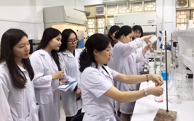 Giảng viên bộ môn Công nghệ môi trường, Khoa Môi trường, Trường ĐH Khoa học tự nhiên (ÐHQG Hà Nội) hướng dẫn sinh viên thực hành thí nghiệm