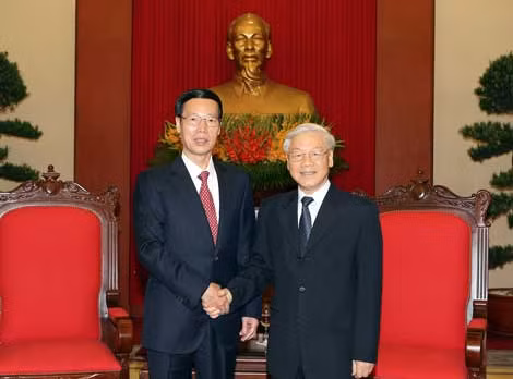 Tổng Bí thư Nguyễn Phú Trọng và đồng chí Trương Cao Lệ, Ủy viên Thường vụ Bộ Chính trị, Phó Thủ tướng Quốc vụ viện Trung Quốc. Ảnh: TTXVN.