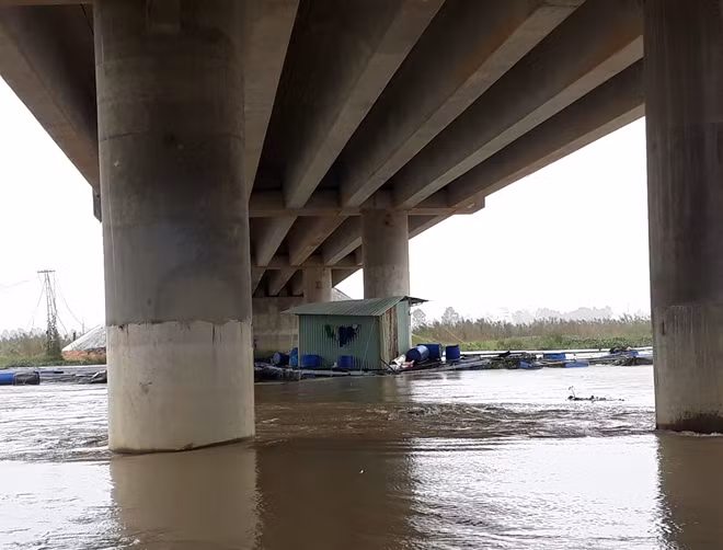 Nhiều lồng cá bị cuốn trôi và mắc lại dưới chân cầu Điện Biên Phủ (phường An Phú, TP. Tam Kỳ)