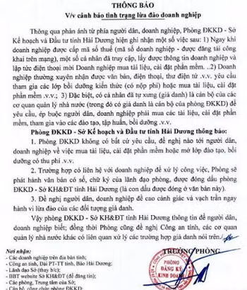 Văn bản của Sở Kế hoạch và đầu tư tỉnh Hải Dương.