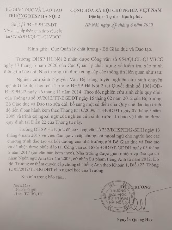 Văn bản của Trường Đại học Sư phạm Hà Nội 2 gửi Cục Quản lý chất lượng, Bộ GD&ĐT
