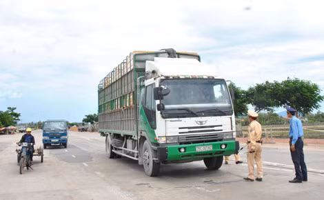 Lực lượng chức năng kiểm soát xe quá tải trọng ở Quảng Bình.