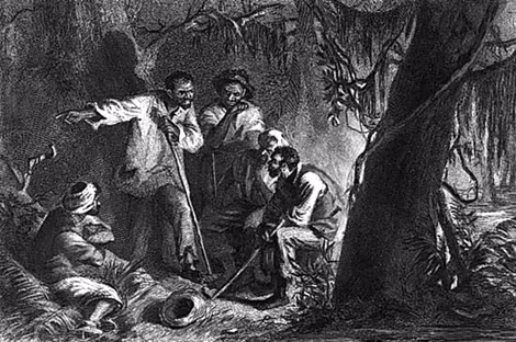 Tranh vẽ mô tả cảnh cãi cọ của nhóm Nat Turner trong đầm lầy.