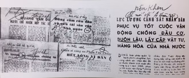 Bút tích của Chủ tịch Hồ Chí Minh trên Báo CAND và một số báo khác về việc cần khen thưởng những tập thể, cá nhân Công an làm việc tốt.