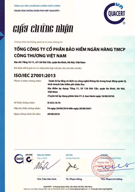VBI được cấp Giấy chứng nhận Hệ thống quản lý an toàn thông tin theo tiêu chuẩn ISO/IEC 27001:2013.