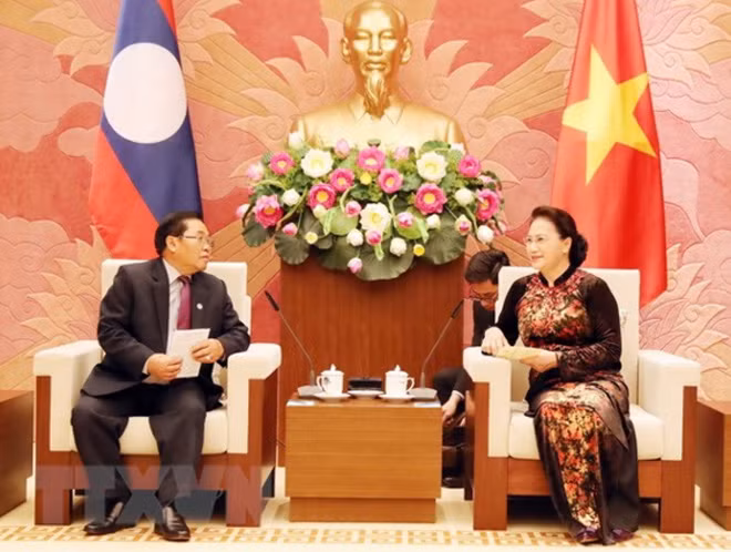 Chủ tịch Quốc hội Nguyễn Thị Kim Ngân tiếp Phó Chủ tịch Quốc hội Lào Sengnouane Sayalat. (Ảnh: Trọng Đức/TTXVN).