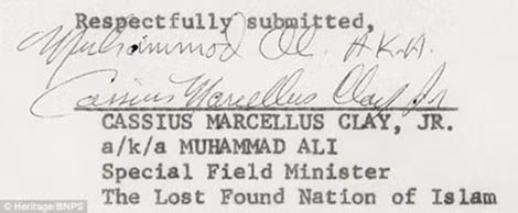 Lá thư có chữ ký của Muhammad Ali.