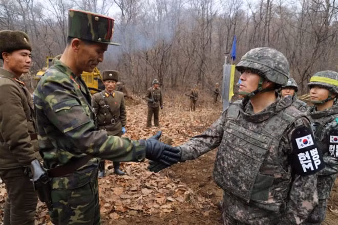 Một sĩ quan quân đội Triều Tiên (bên trái) và một sĩ quan quân đội Hàn Quốc bắt tay nhau trong hoạt động kết nối một con đường đi qua giới tuyến quân sự bên trong khu phi quân sự liên Triều (DMZ) vào ngày 22-11.