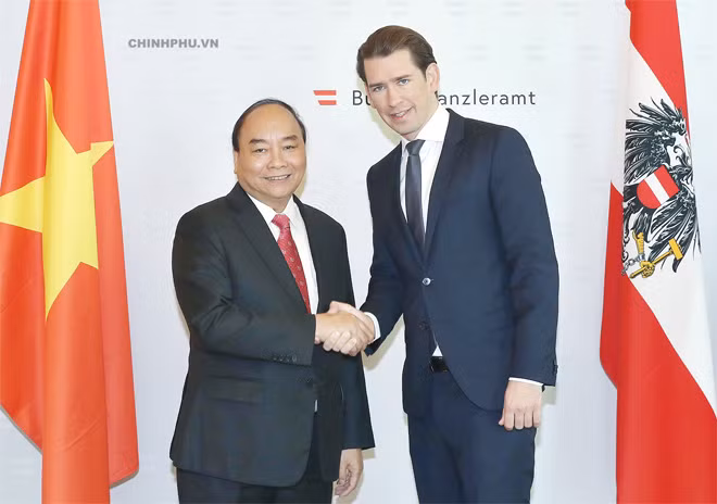 Thủ tướng Nguyễn Xuân Phúc và Thủ tướng Áo Sebastian Kurz - Ảnh: VGP/Quang Hiếu.