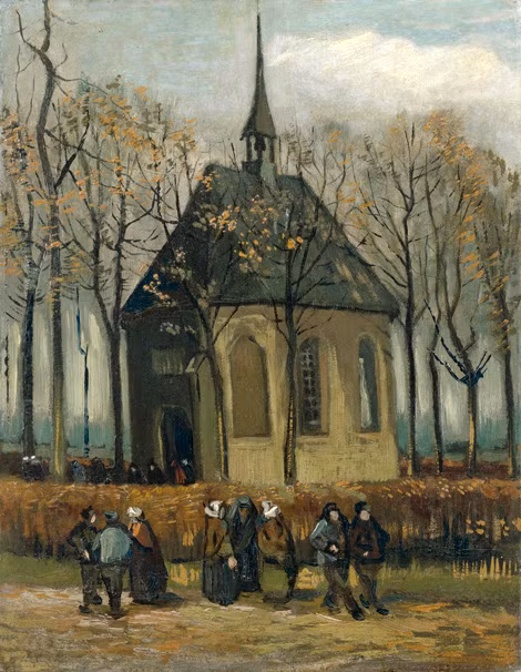 Bức tranh “Giáo đoàn rời nhà thờ Tin Lành Nuenen”, 1884-1885. Bức tranh “Giáo đoàn rời nhà thờ Tin Lành Nuenen”, 1884-1885.