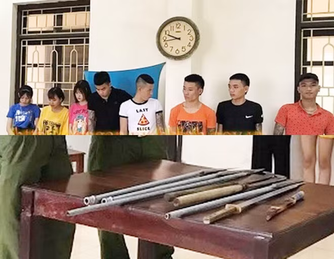 Nhóm thanh niên sử dụng ma túy tại cơ quan Công an và số dao, kiếm thu giữ trong phòng trọ.