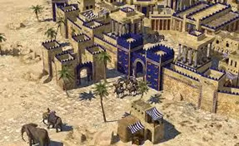Cổng Nữ thần Ishtar ở kinh thành Babylon, nơi “tướng quân Kharan” được bí mật đưa vào triều trong vai người đóng thế cho đức Vua Nabopolassar.