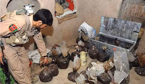Một cảnh sát Afghanistan đếm những túi thuốc phiện sống trong một ngôi nhà ở làng Khogyani.