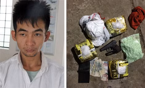 Nghi phạm Ngô Tuấn Anh và tang vật ma túy được thu tại nhà của Hùng Ba Tàu.