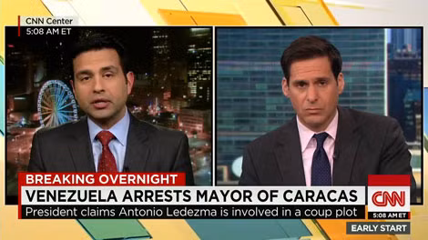 Đài CNN đưa thông tin về vụ bắt giữ Thị trưởng Caracas. Năm ngoái, chính quyền Caracas đã tố cáo đài này đưa thông tin sai lệch về tình hình Venezuela. Ảnh: CNN Đài CNN đưa thông tin về vụ bắt giữ Thị trưởng Caracas. Năm ngoái, chính quyền Caracas đã tố cáo đài này đưa thông tin sai lệch về tình hình Venezuela. Ảnh: CNN