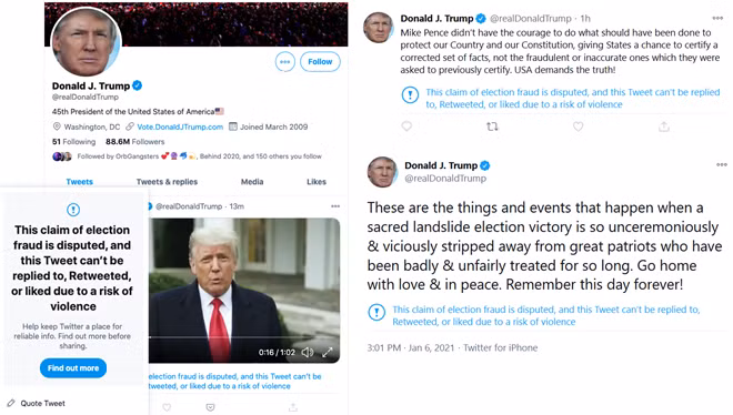 Twitter hạn chế tương tác các bài đăng của ông Trump sau vụ tấn công vào Điện Capitol.
