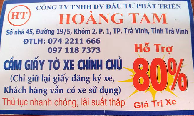 Danh thiếp tiếp thị cho vay của Công ty Hoàng Tam và Vũ Lâm. Danh thiếp tiếp thị cho vay của Công ty Hoàng Tam và Vũ Lâm.