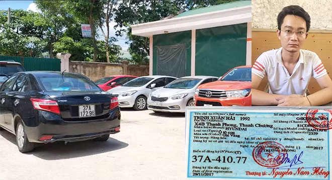 Đối tượng Trịnh Xuân Hải và các xe ô tô bị Hải lừa bán tại Cơ quan CSĐT CA Nghệ An.