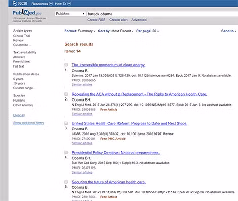 Hồ sơ khoa học của Tổng thống Mỹ Barack Obama (ảnh chụp từ PubMed.gov).