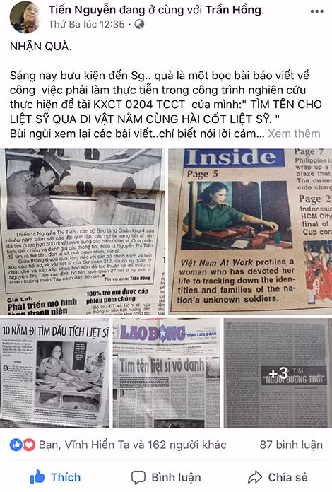 Món quà đặc biệt là 107 bài báo được bà Tiến khoe trên facebook cá nhân.