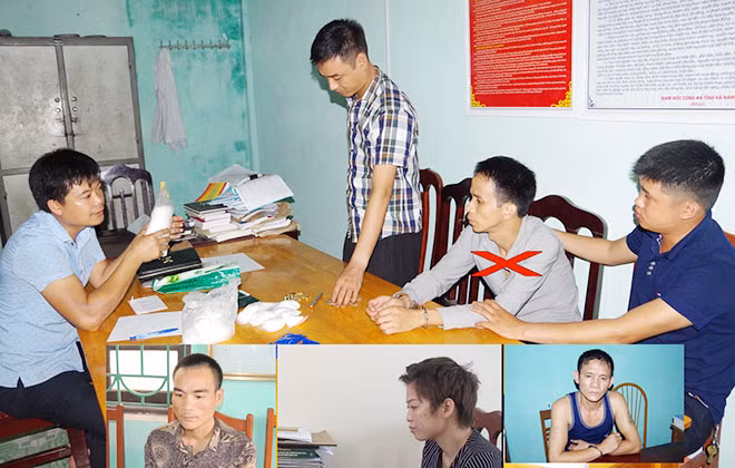 Các cán bộ điều tra đang lấy lời khai của đối tượng Nguyễn Hoàng Giang (X) và các đối tượng Chiến, Linh, Thịnh (trái qua phải, ảnh nhỏ).