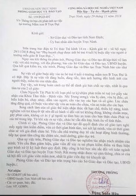Báo cáo của Phòng GD&ĐT Trực Ninh về toàn bộ vụ việc.