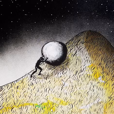 Bức tranh mô tả bi kịch hiện sinh Sisyphus lăn đá lên đồi của họa sĩ Nicci Bedson.