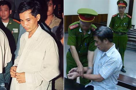 Nguyễn Minh Châu, thủ phạm vụ cướp tiệm vàng Kim Sinh (ảnh trái); Trần Chí Công tại phiên tòa sơ thẩm.
