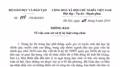 Hủy bỏ quyết định xem xét kỷ luật 13 cán bộ liên quan đến gian lận thi cử