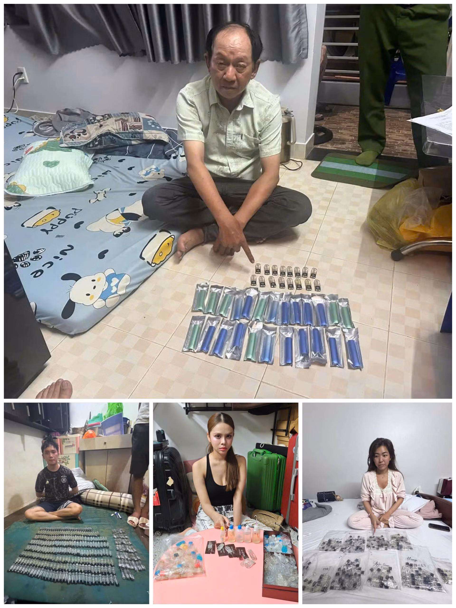 Các đối tượng Nguyễn Văn Tâm, Phạm Minh Sang, Phạm Ngọc Như Huỳnh và Phạm Phương Anh cùng tang vật.