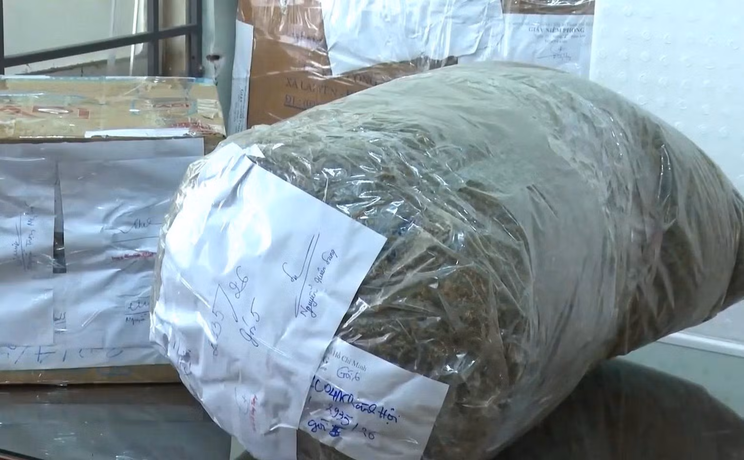 Công an thu giữ khoảng 500kg cần sa khô được gói gọn trong những bao nylon có trọng lượng khoảng 10kg/bao.