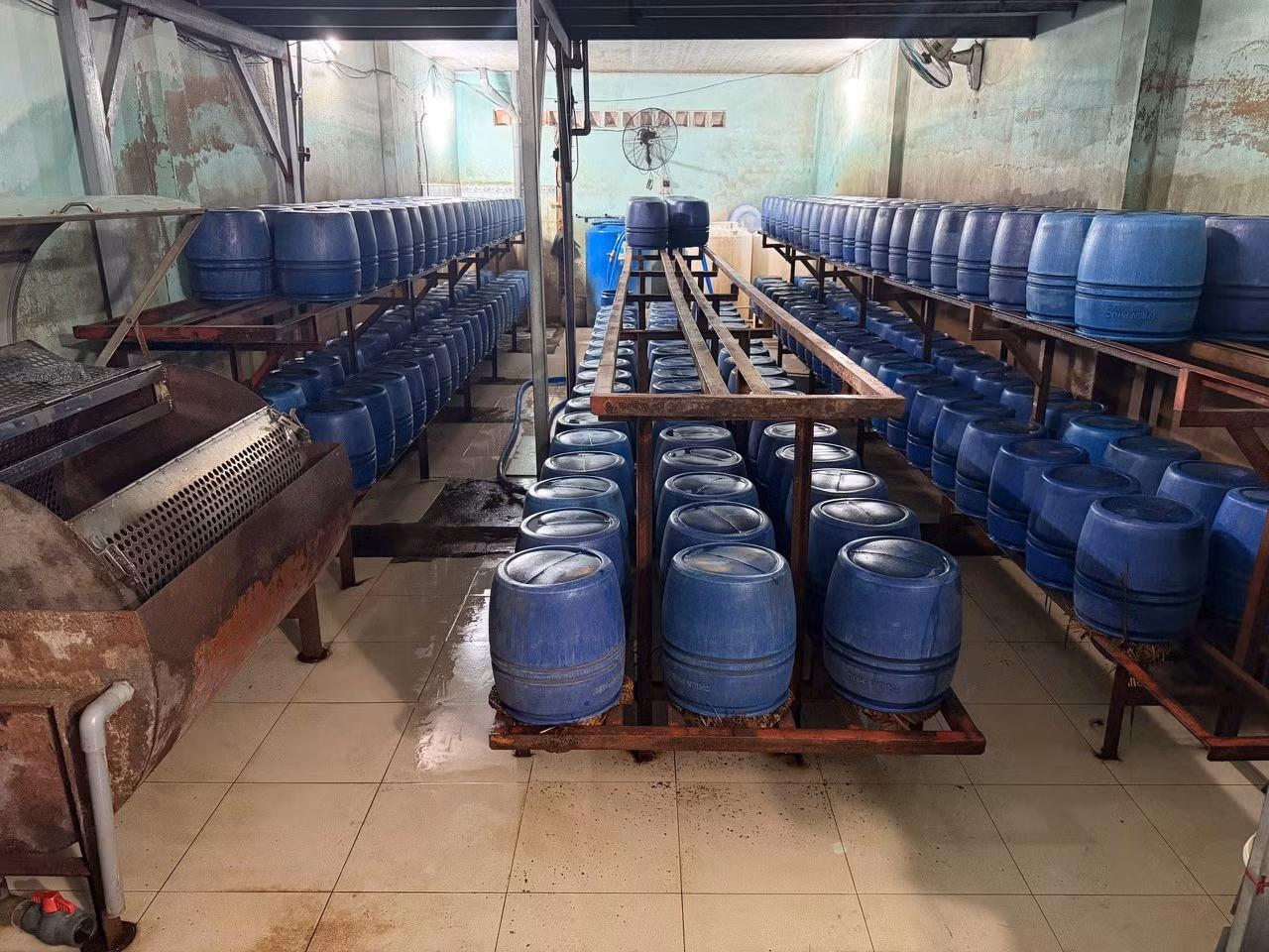 Công an phát hiện hàng trăm lu nhựa chứa giá đỗ, hàng trăm lít dung dịch đã pha chế sẵn (chứa chất 6-Benzylaminopurine) để phục vụ việc sản xuất giá đỗ.