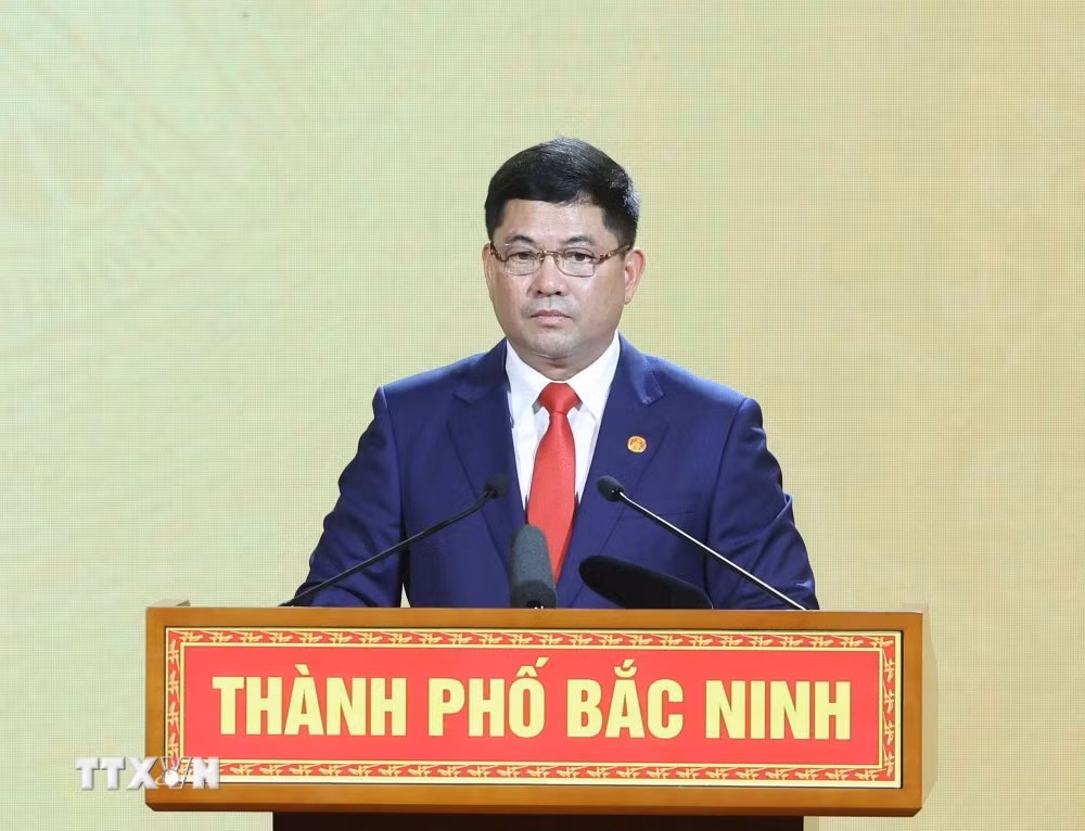 Đồng chí Nguyễn Hồng Thái, Ủy viên Trung ương Đảng, Bí thư Thành ủy Bắc Ninh phát biểu.